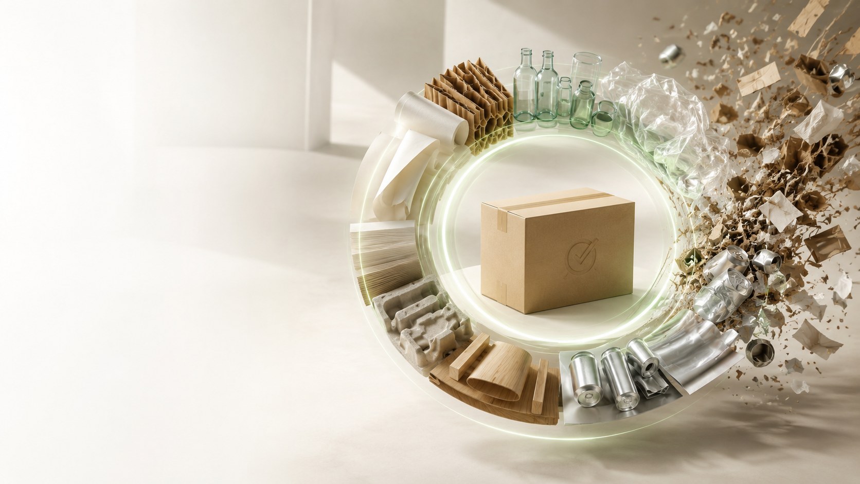 Verpackungsmaterialien – Karton, Glas, Papier, Holz und Aluminium – ordnen sich zu einem Kreis um einen Versandkarton